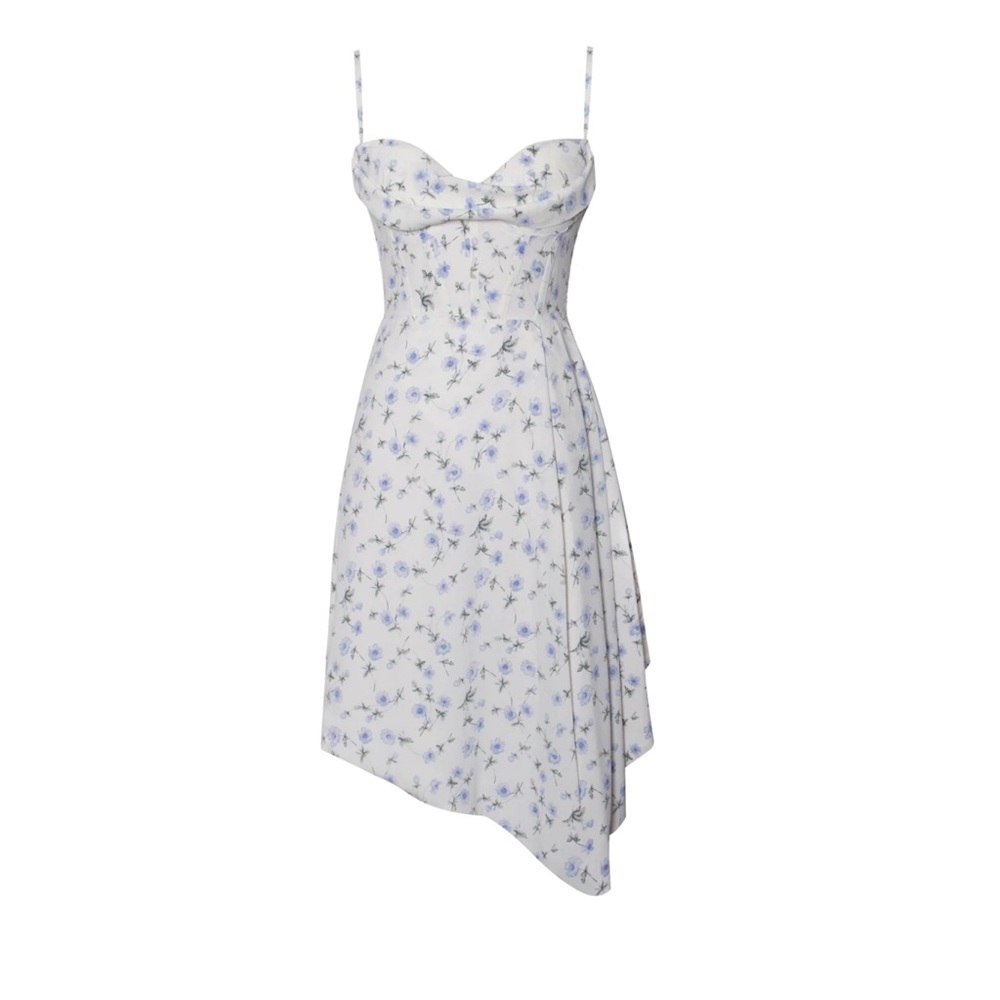 White floral blue bustier corset midi dress draping neckline cowl neck XL plus
